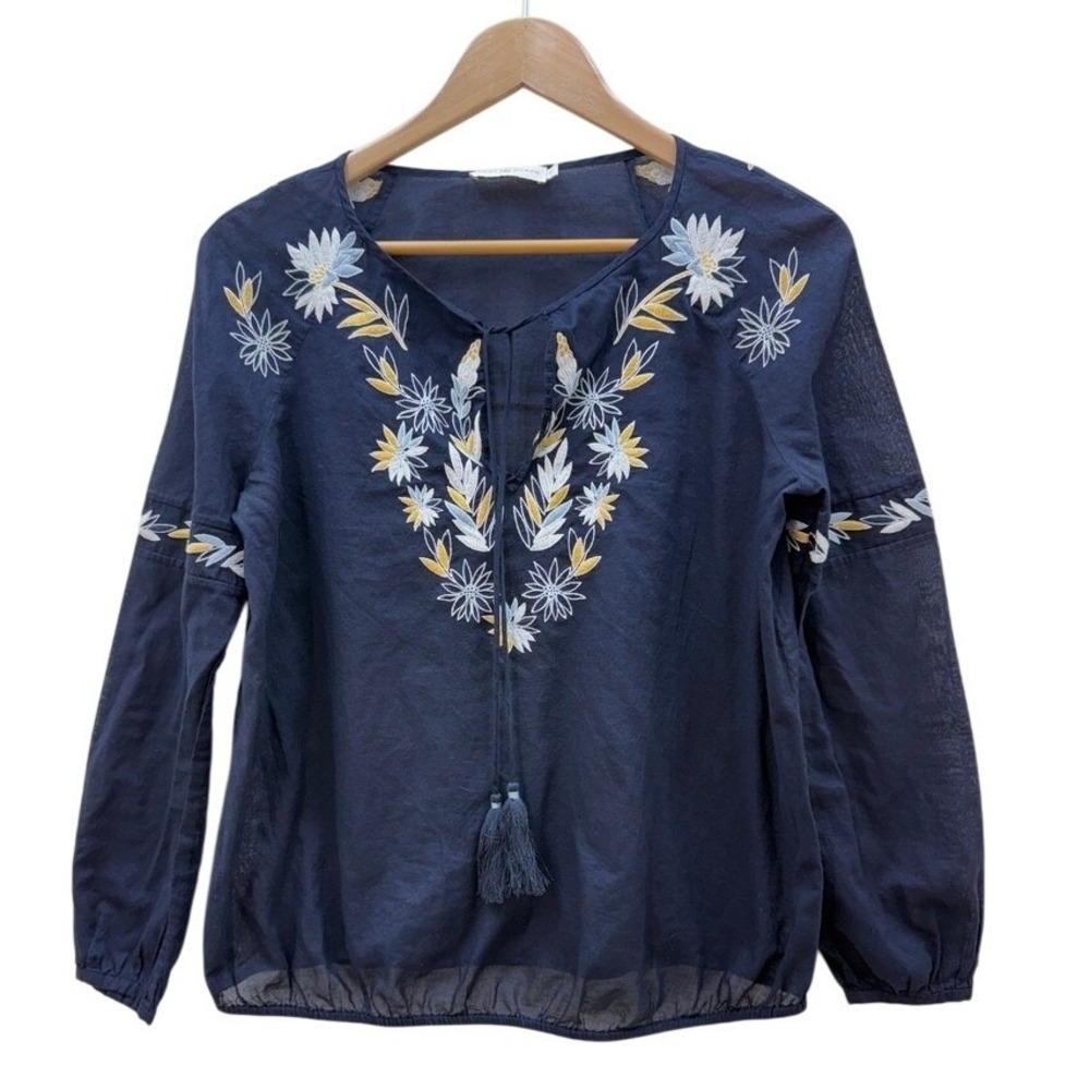 Tory Burch Womens Navy Blue Blouse Sz 2 Embroidered Floral Long Sleeve Edelweiss
